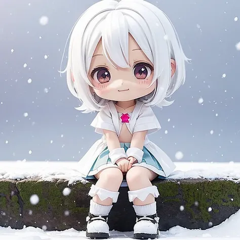 girl, ((loli)), medium hair, ((small breasts)), shorts under skirt, white hair, kawaii, (((chibi))), snow, white kneehighs, light smile, looking at viewer, uwabaki, (sitting), Full body in camera