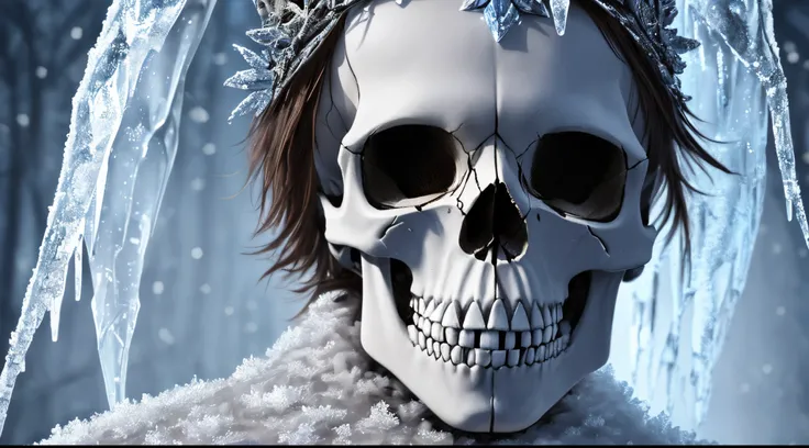 skeleton man, his (skull:1.2) is covered in icicles and frost, intricate carving, wearing a face mask, glowing eye sockets, wearing a frozen blue crown, (detailed background:1.3), backlighting, serious eyes, realism, masterpiece portrait, soft lighting, (l...