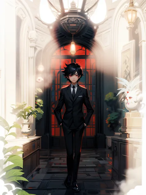 anime style illustration of a guy with (black hair) and (red eyes) (luxurious black suit), whimsical, JRPG, charming, emotionally, detailed environment, fantastic, imaginative, visually rich, atmospheric, enlarged, flat lighting, 2d, cartoon, vector, art b...