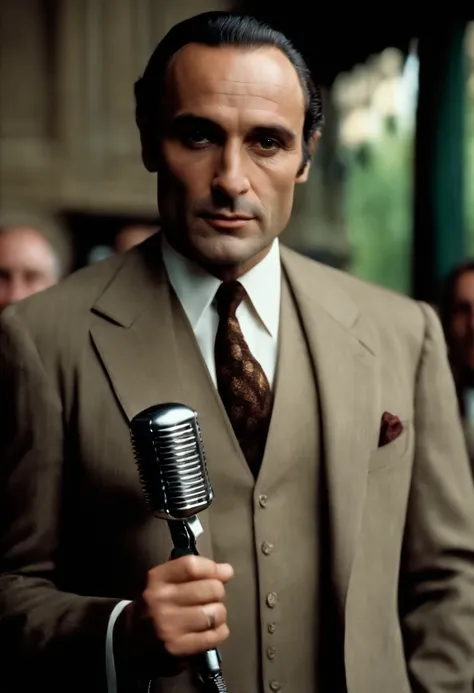 A photo of Fredo standing in front of a microphone with a nervous smile, about to perform at an open mic event.,The Godfather series,Fredo Corleone, a character from “The Godfather” series, portrayed by John Cazale, has a less imposing presence compared to...