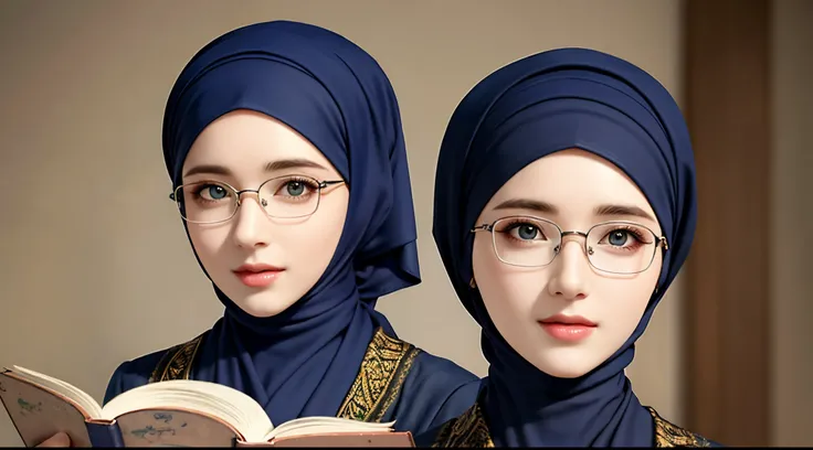 1woman, solo, beautiful face, high detailed realistic eyes, double eyelids, high detailed realistic pupils, upon body from head to waist, (wearing hijab:1.2), (moslem headscarf:1.2), reading glasses.