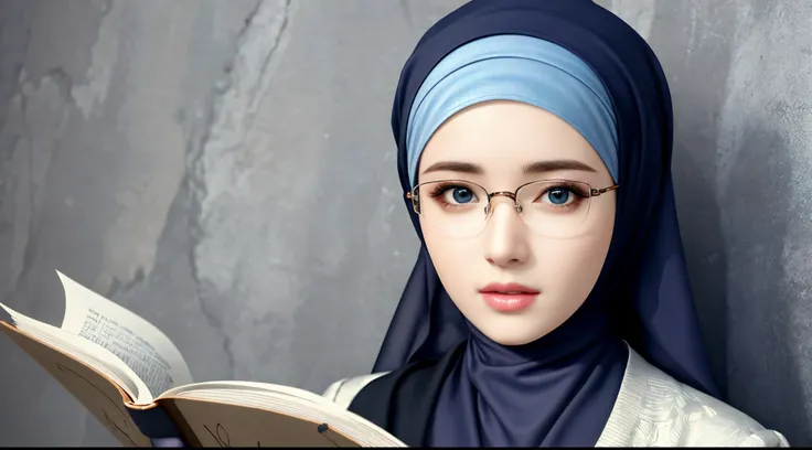 1woman, solo, beautiful face, high detailed realistic eyes, double eyelids, high detailed realistic pupils, upon body from head to waist, (wearing hijab:1.2), (moslem headscarf:1.2), reading glasses.