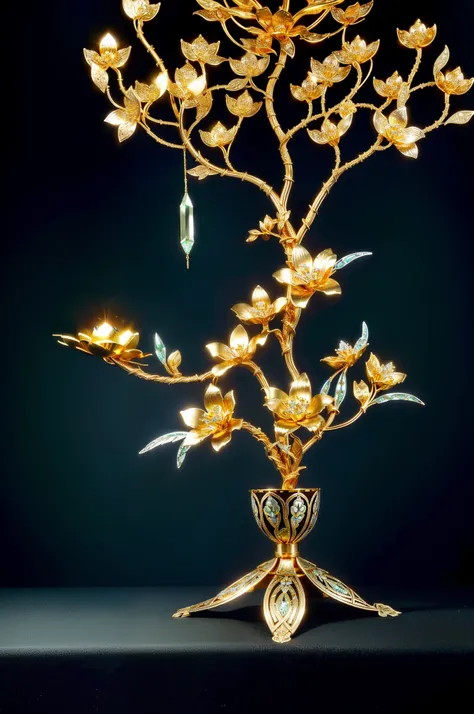 tmasterpiece，8K,high definition resolution，high high quality，There is a metal flower tree sculpture，hollow out，it has flowers and leaves on it, Decorative style, Detailed golden brush strokes, metal art, Gold and steel are complicated, Ultra-fine line deco...