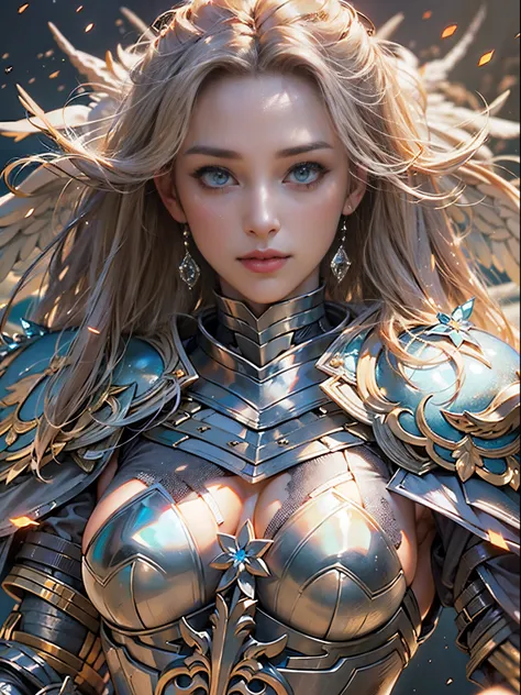 ((Knight of Angels、Beautuful Women))8K、An ultra-high picture quality、Ultra-realistic details、3d rendered、sharp gaze、Beautiful behavior、Toned body、large full breasts、Clothes with wide open chests、Shining sword、