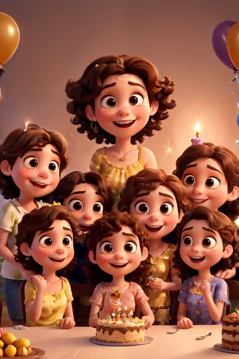 Pixar animation of five young women celebrating a birthday party with cake with candles and balloons. The first woman has short dark brown hair. The second has long wavy dark brown hair. The third has short straight light brown hair. The fourth has curly b...