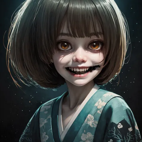 (Best Quality,Ultra-detailed,macabre smile,creepy atmosphera),1girl in,Short Bob Haircuts,Cute kimono,Around 5 years old,Like a character in a nursery rhyme,dark backgrounds,Hyper-detailing,,(((illustratio))),Cobweb,Obake,youkai,Magical atmosphere,