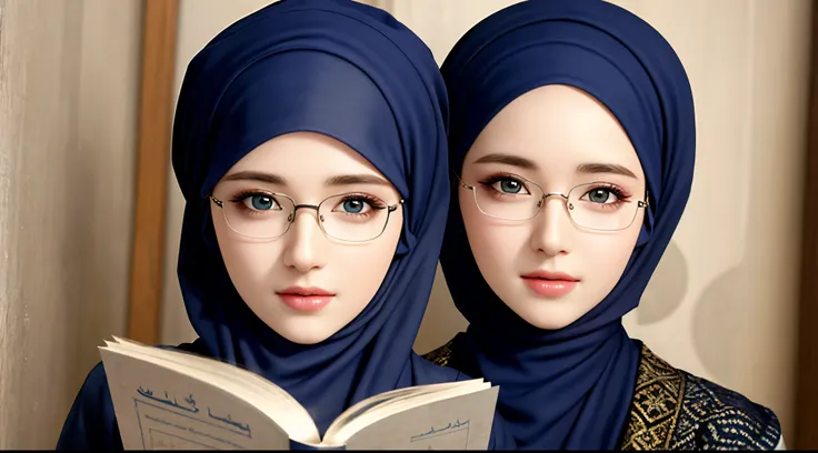 1woman, solo, beautiful face, high detailed realistic eyes, double eyelids, high detailed realistic pupils, upon body from head to waist, (wearing hijab:1.2), (moslem headscarf:1.2), reading glasses.