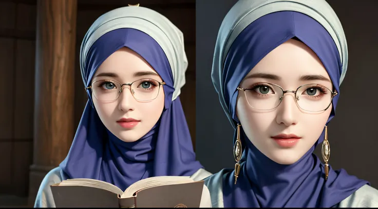 1woman, solo, beautiful face, high detailed realistic eyes, double eyelids, high detailed realistic pupils, upon body from head to waist, (wearing hijab:1.2), (moslem headscarf:1.2), reading glasses.