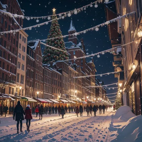 Christmas, 8k, ultra detailed , best quality, urban city, christmas decoration, christmas attire, busy people walking, fairies flying around, elves walking around,  snow, winter, beatiuful snowflakes, ice melting covered street reflecting the city