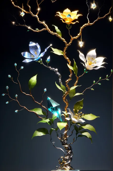 Crafts made from twisted alloy wire，gold flowers，Iron flower，Silver flower，metal tree branch，a crystal pendant，Emerald inlay，Carefully crafted，Perfect craftsmanship，Magic lightning background，blue lightning，There is fairy