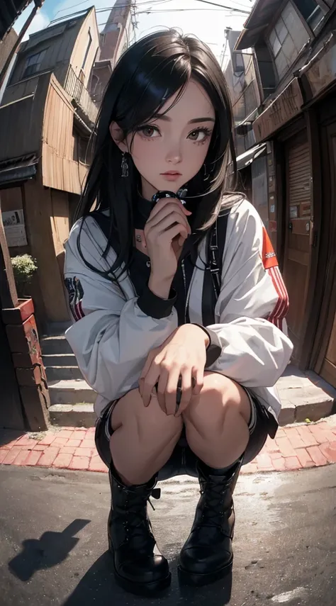 (((8k wallpaper of extremely detailed CG unit:1.2, ​masterpiece, hight resolution:1.2, top-quality:1.2, masutepiece))), ((a very beautiful woman, Hands in pockets:1.8, squatting:1.3, Street fashion:1.5, Wearing a jacket:1.3, Wearing boots)), ((extra detail...