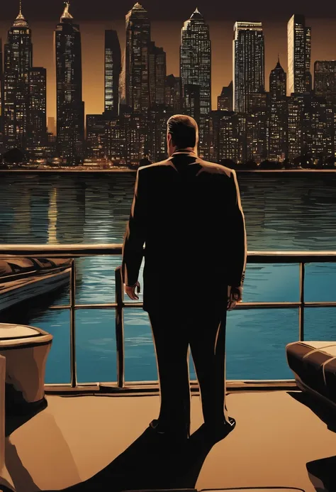 A photo of Tony standing at the edge of a boat, gazing out at the city skyline,The Sopranos,Tony Soprano, the fictional mob boss in “The Sopranos,” is a physically imposing figure, with a broad, stocky build, and a face that often shifts between a charming...