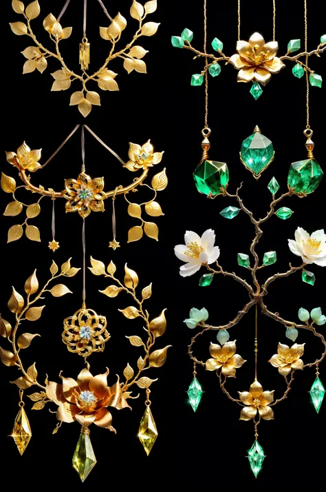 Crafts made from twisted gold wire，gold flowers，Iron flower，Silver flower，metal tree branch，a crystal pendant，Emerald setting，well-built，Perfect craftsmanship