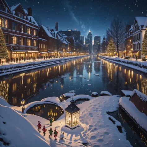 Christmas, 8k, ultra detailed , best quality, urban city, christmas decoration, christmas attire, busy people walking, fairies flying around, elves walking around,  snow, winter, beatiuful snowflakes, ice melting covered street reflecting the city