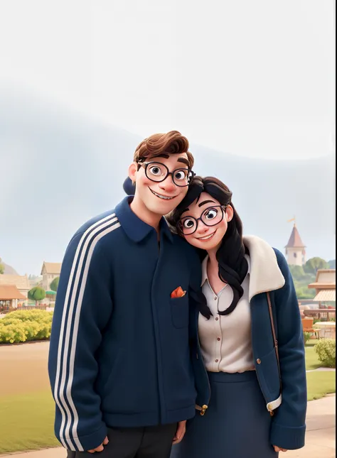 Disney Style Couple With Glasses Smiling In Restaurant.