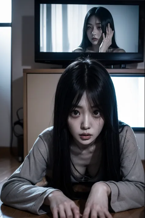 sadako, soaking, wet robe, gray colored skin, hair covers the face, sexy for.sadako crawled out of the tv，a woman lying on the f...