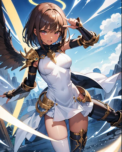 fantasy, 1angel_girl,child, loli,brown_hair, medium_bob_hair, long_bangs, halo,bare_shoulder,thighhighs,silver_armor, waist_armor, large_breasts,angry,grinning,open_mouth_teeth, 1pair_wings, dynamic_pose_fighting,floating, bare_crotch, headgear,gauntlet, g...