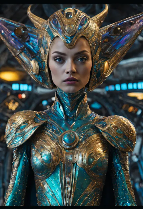 (cuerpo completo), extraterrestrial alien female similar to Lihö-Minaa princess of the people of the planet mül from Valerian and the city of a thousand planets ,vestida de traje de noche corto, engarzado con oro refulgente, priedras preciosas de colores y...