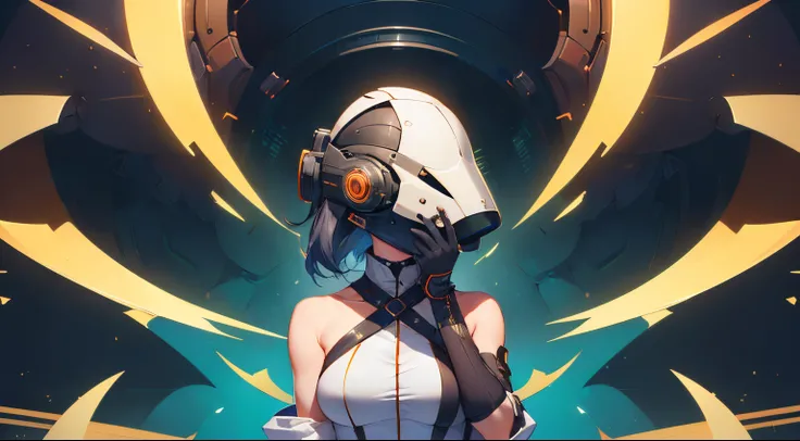 A girl wearing a futuristic helmet covering her entire face