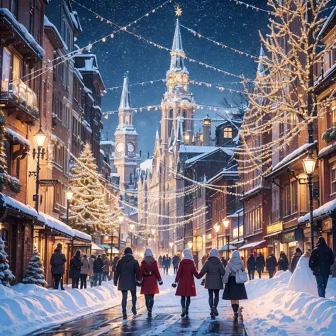 Christmas, 8k, ultra detailed , best quality, urban city, christmas decoration, christmas attire, busy people walking, fairies flying around, elves walking around,  snow, winter, beatiuful snowflakes, ice melting covered street reflecting the city