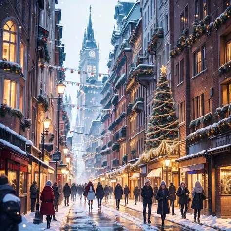 Christmas, 8k, ultra detailed , best quality, urban city, christmas decoration, christmas attire, busy people walking, fairies flying around, elves walking around,  snow, winter, beatiuful snowflakes, ice melting covered street reflecting the city