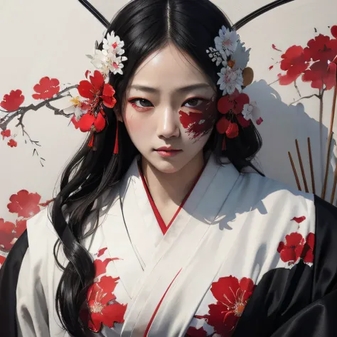 watercolour painting, betrayal, red eyes, black fan covering face, white kimono, extreme closeup, highly detailed, masterpiece, traditional Japanese aesthetics, natural lighting, glow, natural-lighting:high-contrast, impressionistic:colorful, expressive-st...