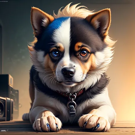 Wallpaper cachorro hurky siberiano branco com um olho azul e o outro olho vermelho, usando um chapeu marrom steampunk jogando videogame