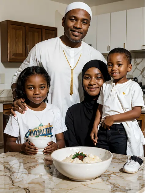 black muslim father and mother with children, happy, sitting on marble dining table, bright sunlight, white bowls on table