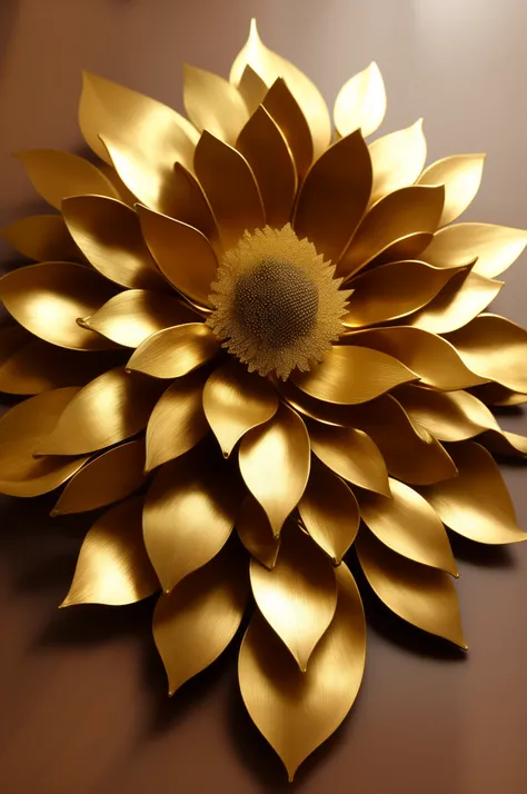 On the table there is a golden flower made of metal leaves, gold flowers, iron leaf，iron branch，metal art, Chaotic golden leaf flowers, sculpture made of gold, extreme intricate metal details, looking from above, stunning detailed, golden flowers, metal sc...