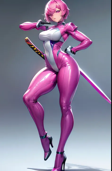 1 woman, clear outfit design, clean lineart and color, high heels, tall, she is holding a katana sword,  full figure, muscular body, thick hips, huge butt, very thick legs, small breasts, fighter pose, short pink hair, pink eyes, wearing blue jumpsuit, bla...