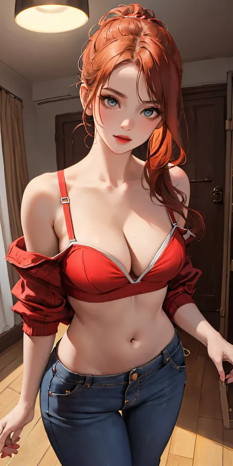 tmasterpiece, Best quality at best, ultra - detailed, realistically, lamplight,beautidful eyes, dress room, Close-up cleavage, (breasts focus), (squatt:1.2), (from below:1.1), legs are open, red blonde, pony tails, mediuml breasts, (Protruding cleavage:1.3...