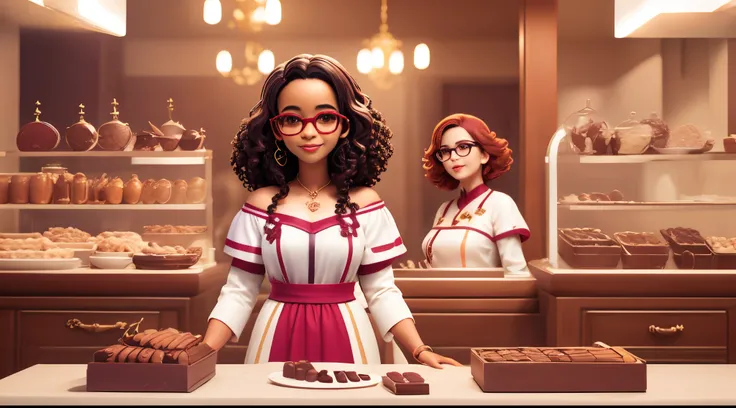 imagem Disney Pixar: fundo rua do Rio de Janeiro. Mulher negra, magra, seios pequenos, shoulder-length curly hair, pretos, olhos castanhos escuros, with burgundy glasses, batom cor de chocolate escuro, sombra dos olhos marrom, brinco argola dourada, roupa ...