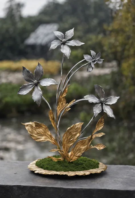 metal art，flower made of iron，iron leaf，iron bend，Iron flower，Full metallic luster，Metal texture in the post-industrial era，Iron decoration，platinum，silver and gold，heavy metal style，In the metal world of the future，everything is made of metal，Metallic flo...