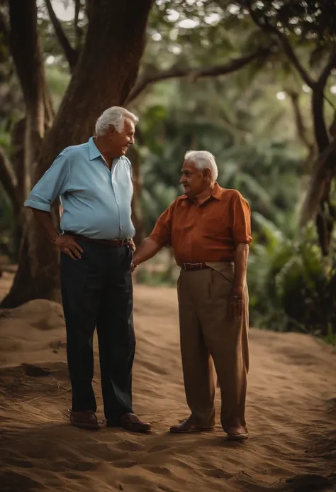 Imagens de um senhor aparentando ter 60 anos conversando com seu neto (sexo masculino) de 4 anos escolhendo duas arvores para plantar, unrealistic images