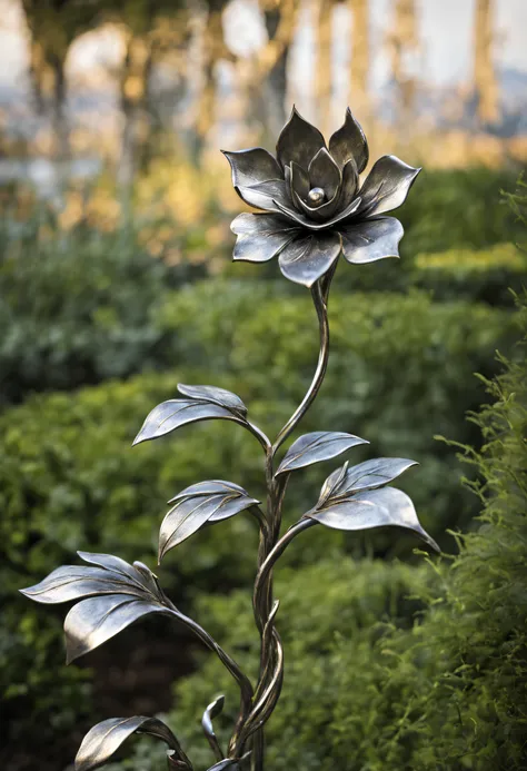 metal art，flower made of iron，iron leaf，iron bend，Iron flower，Full metallic luster，Metal texture in the post-industrial era，Iron decoration，platinum，silver and gold，heavy metal style，In the metal world of the future，everything is made of metal，Metallic flo...