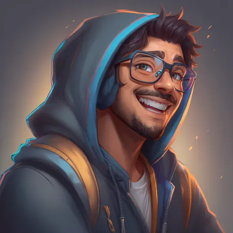 ((PivaArts)) Create a high-quality 2D Pixar Disney cartoon portrait of a man wearing glasses and a hoodie, showing a cheerful smile. This portrait is intended for use as an NFT, an avatar image, a Discord profile photo, and a character concept portrait for...