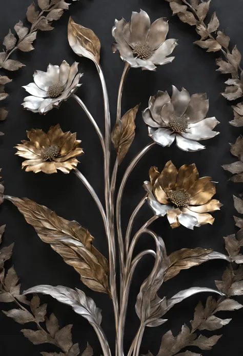 metal art，flower made of iron，iron leaves，bent iron stem，iron flower，Full metallic luster，Metal texture in the post-industrial era，Iron decoration，platinum，white silver and gold，heavy metal style，In the metal world of the future，everything is made of metal...