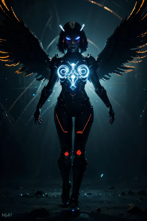 Cosmic Fallen Angel, glowing light eyes, Biomechanical, eerie, Creepy, nightmarish, Very bright colors, Light particles, with light glowing, Mshiff, wallpaper art, UHD wallpaper