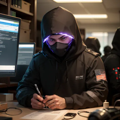 Hacker in balaclava sits in his cyber office