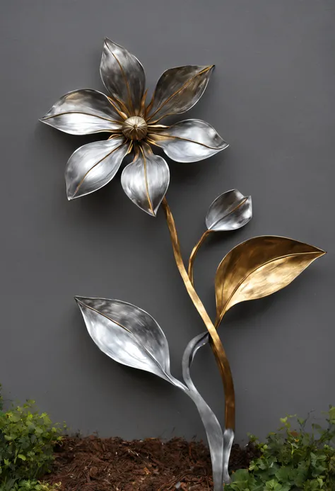 metal art，flower made of iron，iron leaves，bent iron stem，iron flower，Full metallic luster，Metal texture in the post-industrial era，Iron decoration，platinum，white silver and gold，heavy metal style，In the metal world of the future，everything is made of metal...