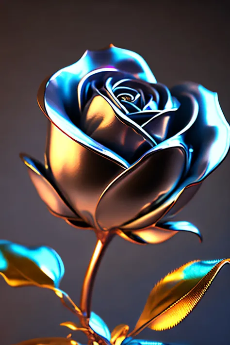 Artificial metal rose， chrome plating, Meticulous and delicate depiction，Sharp，Gorgeous and dynamic painting techniques, Professional flare lighting，4K Ultra HD, 超高分辨率, (realisticlying: 1.4), Best quality at best，tmasterpiece