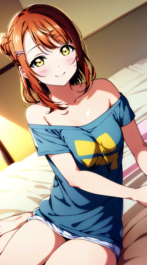 (best quality), (HD),high quality, best quality, masterpiece, ayumu uehara, 1girl, Anime-style color grading, bushiroad studio coloring style, yellow eyes, medium hair, (down hair), smilling,solo, looking at viewer,((casual tshirt)), thighs, off shoulder, ...