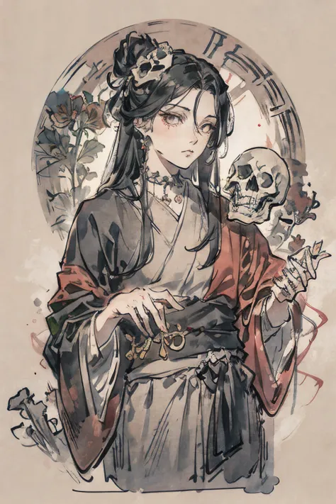 SFW,masutepiece, Best Quality, High resolution, upper body, Details, detail hands, Detail fingers, Detail Face, detail legs, 1man, solo, wizard, watercolor paiting, in graveyard, skeltons, false face, gray robe, gray eyes, skeleton, skull, bone, black hair...