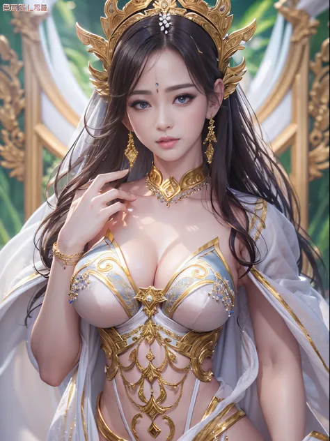 ((goddes))8k、An ultra-high picture quality、Ultra-realistic details、3d rendered、mysterious look、large full breasts、Crystal clear white skin、Sexy clothes with wide open chest、Luxurious decoration、Thin and supple waist curve、the background is shining、Blur the...