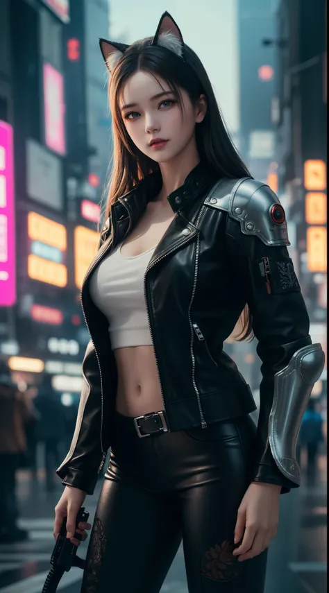 Beautiful photograph of Reika Shimohira as a Nekomata catgirl, slender body, slender hips, big breasts, wearing full ((heavy cyberpunk armor)) with neon trim, ((leather tech jacket)), cat ears, cat tail, science fiction, cyberpunk city in the background, G...