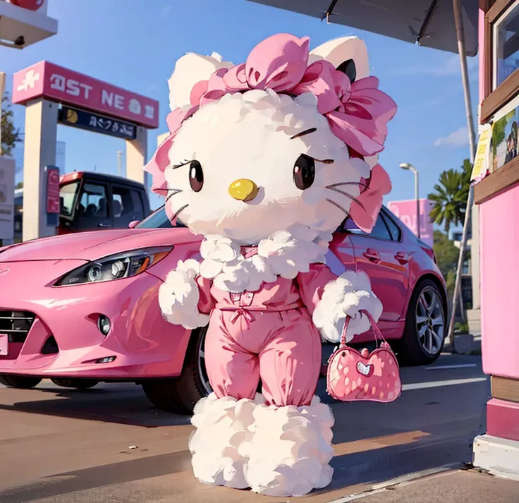 A Hello Kitty doll stands next to a pink car, pink iconic character, Hello Kitty, 🎀 🧟 🍓 🧚, Very detailed and high quality, Highly detailed iconic characters, High quality images, 🎀 🗡 🍓 🧚, (Pink color), 超詳細, 😃😀😄☺🙃😉😗, anime barbie doll, 8K high image quality