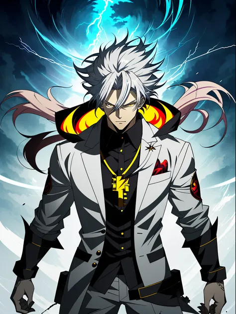 White long-haired anime character, yellow eyes before lightning，white  clothes， Detailed key animation art, Key anime art, Detailed anime character art, shadow poetry style, handsome guy in demon killer art, full art,  Very detailed official artwork, anime...