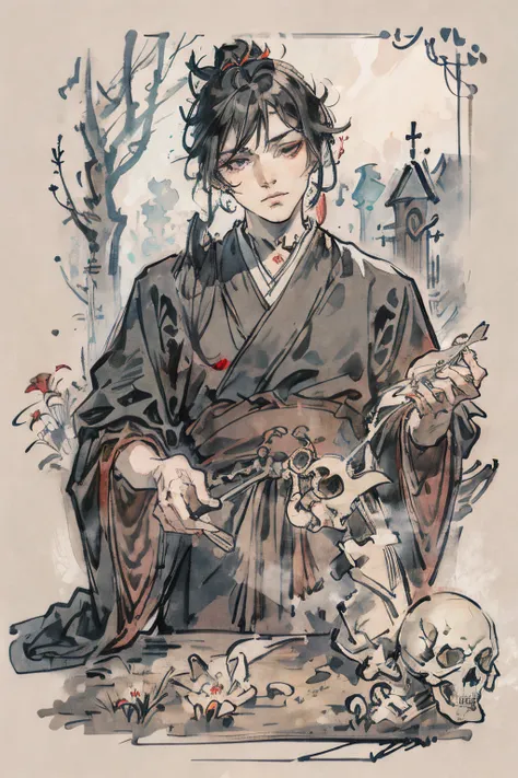 SFW,masutepiece, Best Quality, High resolution, upper body, Details, detail hands, Detail fingers, Detail Face, detail legs, 1man, solo, wizard, watercolor paiting, in graveyard, skeltons, false face, gray robe, gray eyes, skeleton, skull, bone, black hair...