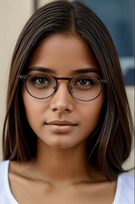 Imagem realista de uma jovem estudante de pele morena de 19 anos, de olhos castanhos, cabelos pretos curtos, bespectacled, looking-into-camera