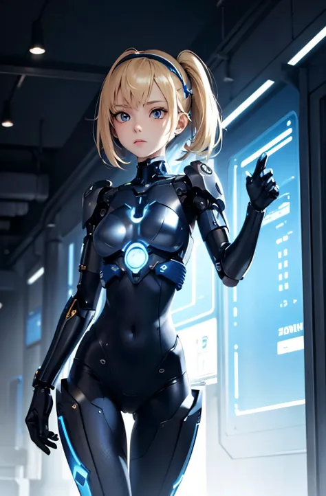 1girl in,Beautiful girl with blue cyborg body,cool expression,Accurately drawn face,Blonde Shorthair,headband made from mechanical parts,her ears are mechanical,A slender,tre anatomically correct,Precise cyborg body made of blue metal parts, purah, and mec...